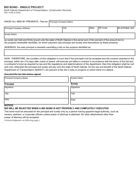 Bid Bond - Single Project SFN 14196 first page