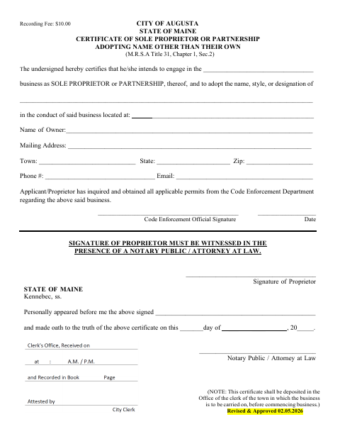 First page of the Sole Proprietor or Partnership Assumed Name Certificate