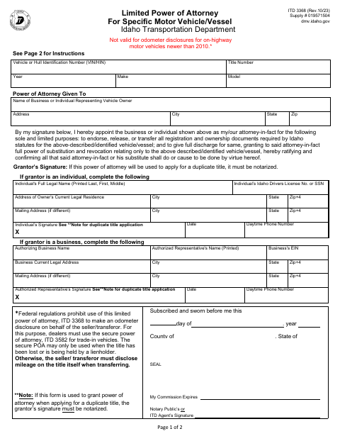 Limited Power of Attorney for Specific Motor Vehicle/Vessel ITD 3368 first page