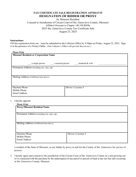 Tax Certificate Sale Registration Affidavit Designation of Bidder or Proxy, Ste. Genevieve County form, first page