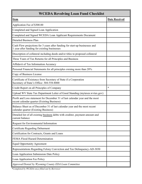WCEDA Revolving Loan Fund Checklist, Wyoming County form, first page