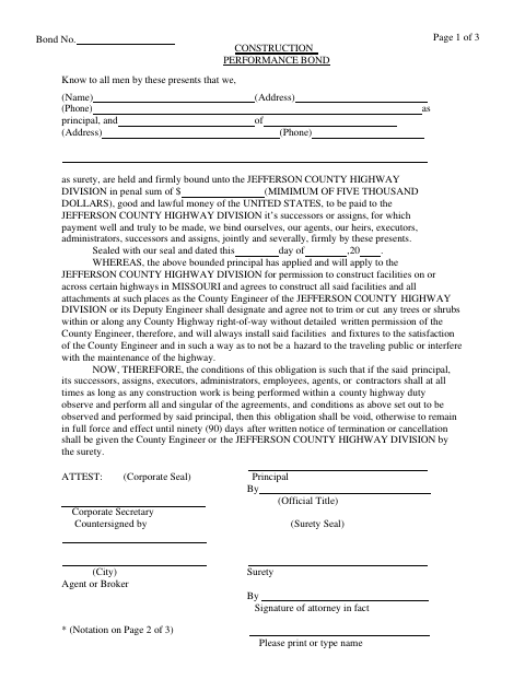 Construction Performance Bond, Jefferson County form, first page