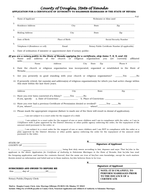 Application for a Certificate of Authority to Solemnize Marriages, Douglas County form, first page