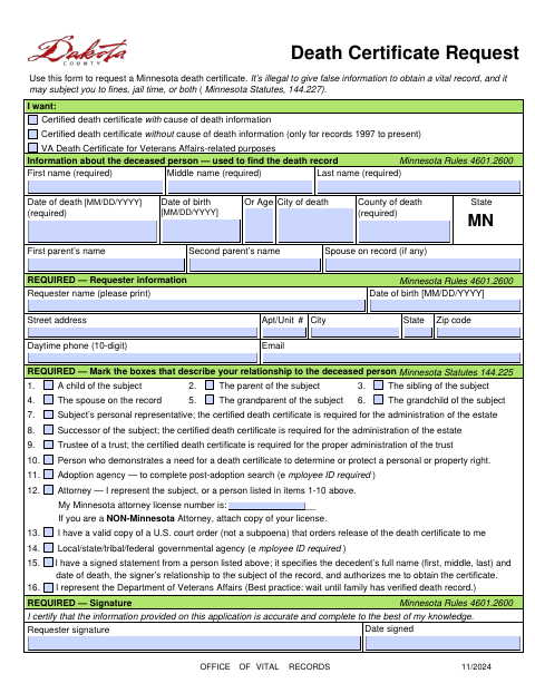 Death Certificate Request, Dakota County form, first page