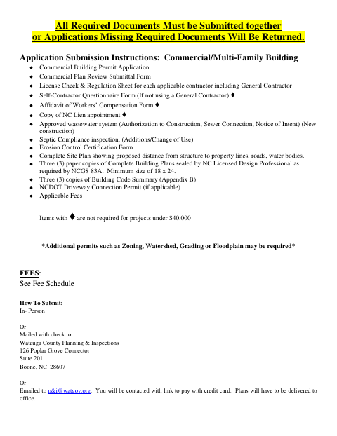 Commercial/Multi-Family Building Permit, Watauga County form, first page
