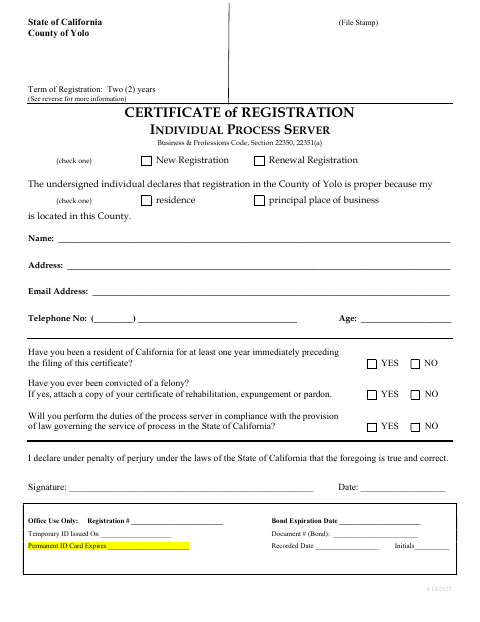 First page of the Certificate of Registration Individual Process Server