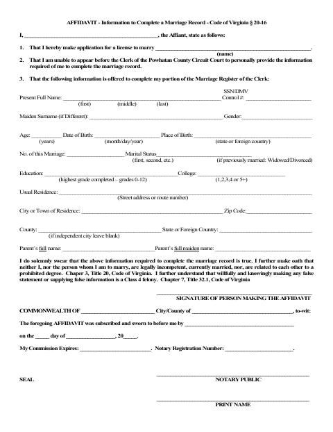 Marriage Record Information Affidavit, Powhatan County form, first page