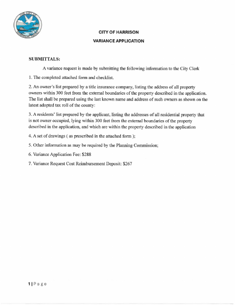 First page of the Variance Application