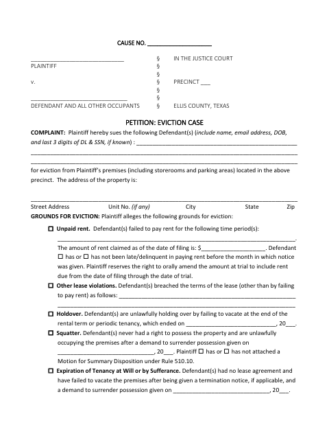 Petition: Eviction Case, Ellis County form, first page