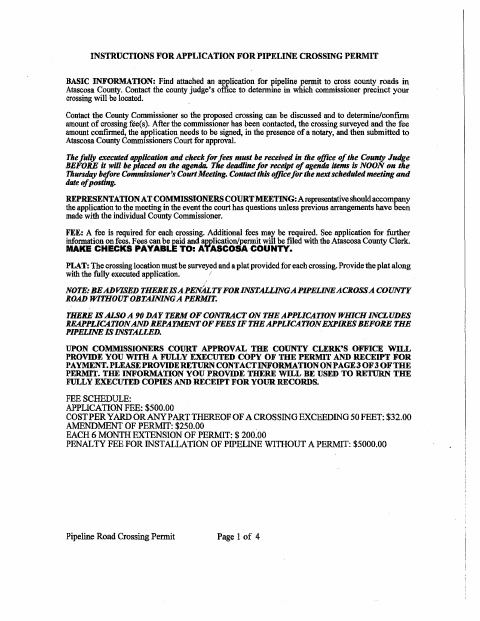 Application for Pipeline Crossing Permit, Atascosa County form, first page