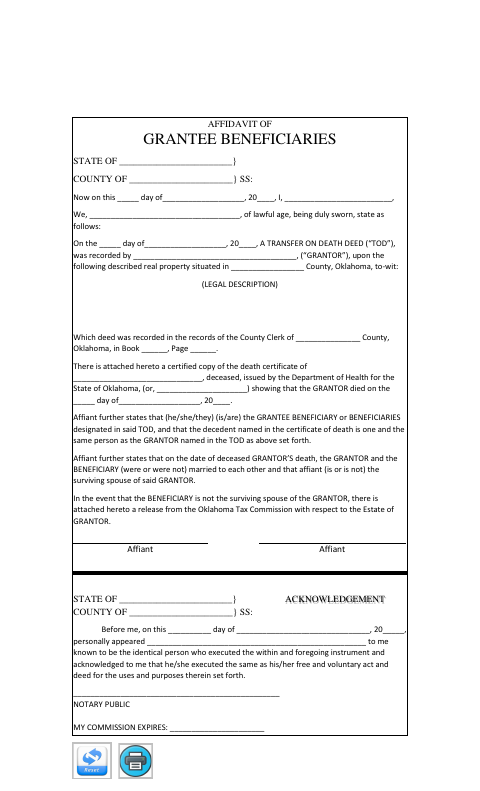 Affidavit of Grantee Beneficiaries, Grady County form, first page