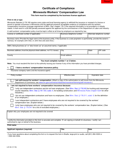 First page of the Certificate of Compliance Minnesota Workers’ Compensation Law