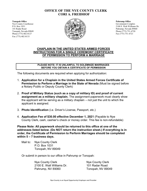 Armed Forces Chaplain Application for Single Ceremony Certificate of Permission to Perform a Marriage, Nye County form, first page
