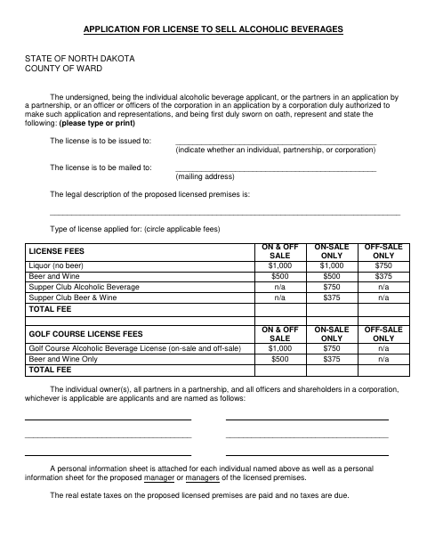 Application for License to Sell Alcoholic Beverages, Ward County form, first page