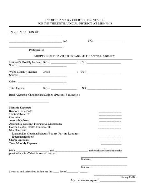 Adoption Affidavit to Establish Financial Ability, Shelby County form, first page