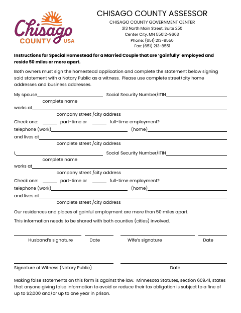 Special Homestead Statement for Spouses Living Apart, Chisago County form, first page