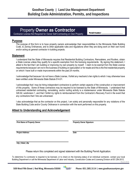 First page of the Property Owner as Contractor