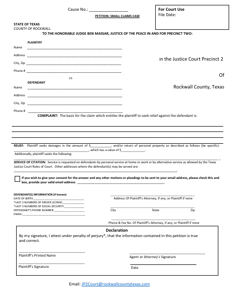 Petition for Small Claims, Rockwall County form, first page