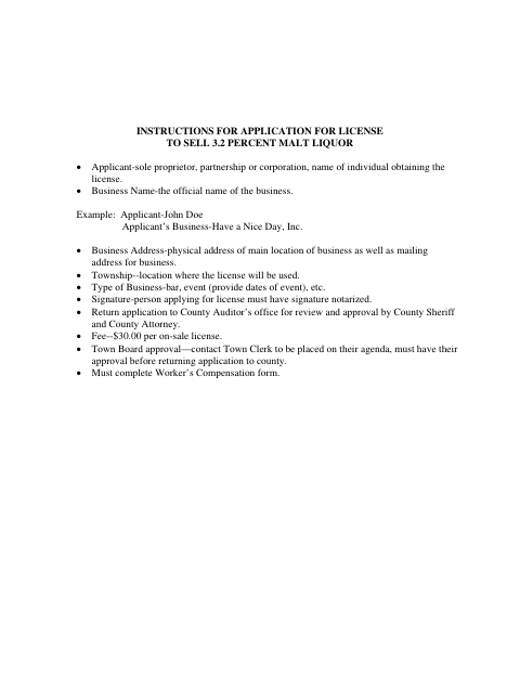 Application for License to Sell 3.2 Percent Malt Liquor, Watonwan County form, first page