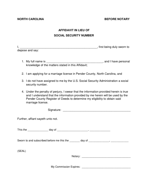 Affidavit in Lieu of Social Security Number, Pender County form, first page