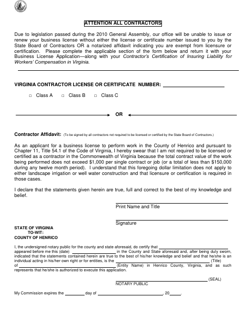 Contractor Affidavit, Henrico County form, first page