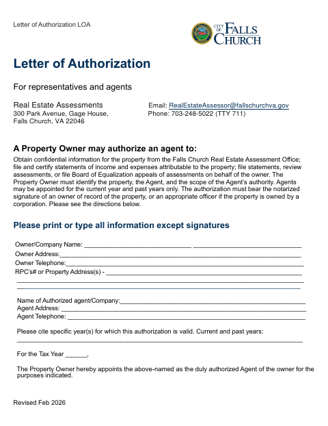 Letter of Authorization, City of Falls Church form, first page