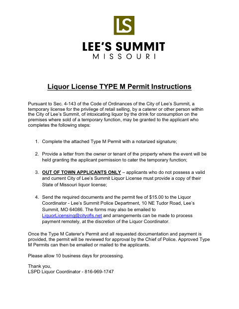 First page of the Type M Caterer’s Permit