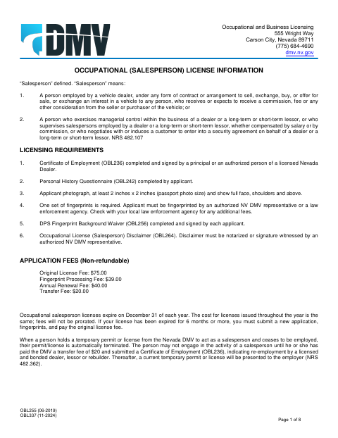 OBL337 Occupational Salesperson License Application first page