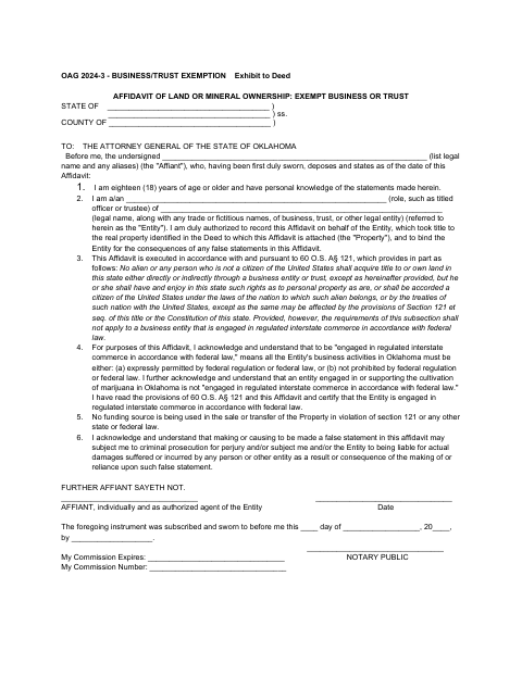 Affidavit Of Land Or Mineral Ownership: Exempt Business Or Trust, Osage County form, first page