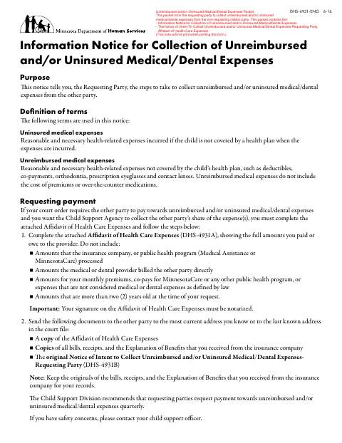 Affidavit of Health Care Expenses, Itasca County form, first page