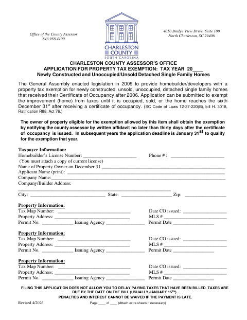Property Tax Exemption Application for Newly Constructed Homes, Charleston County form, first page