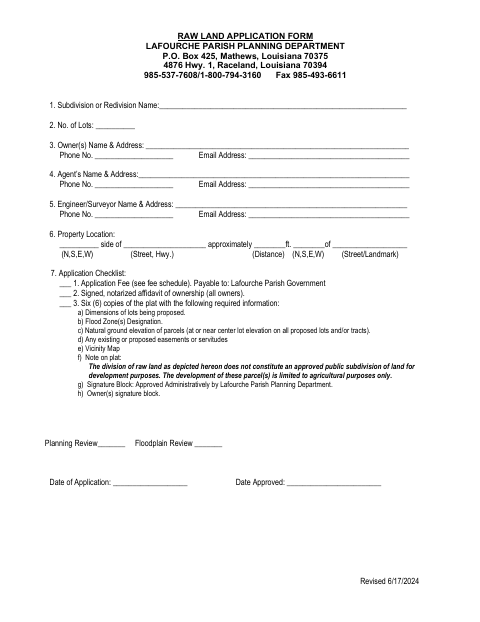 Raw Land Application, Lafourche Parish form, first page