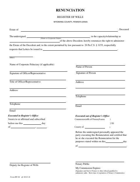 Renunciation, Wyoming County form, first page