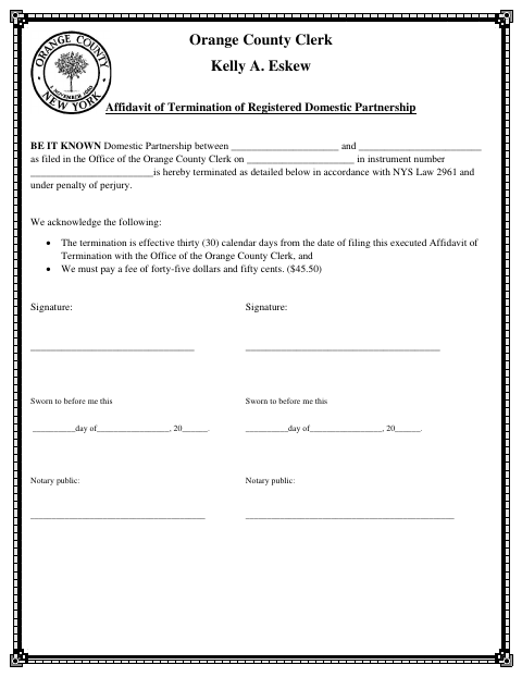 Affidavit of Termination of Registered Domestic Partnership, Orange County form, first page