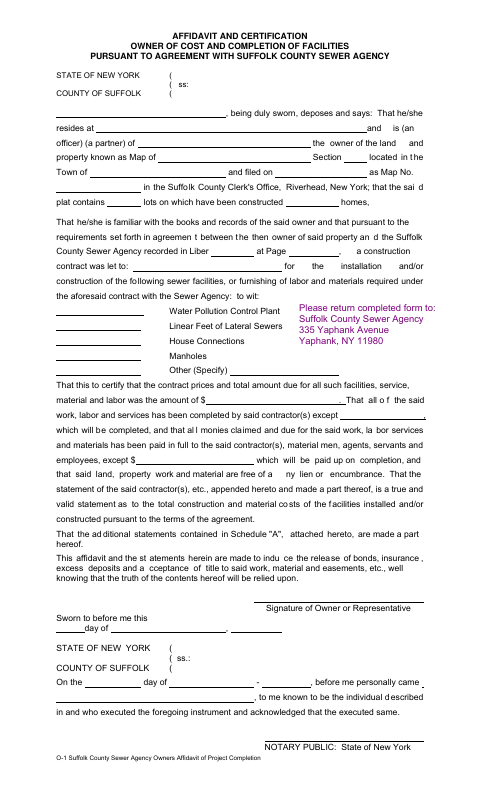 Owner's Affidavit of Project Completion, Suffolk County form, first page