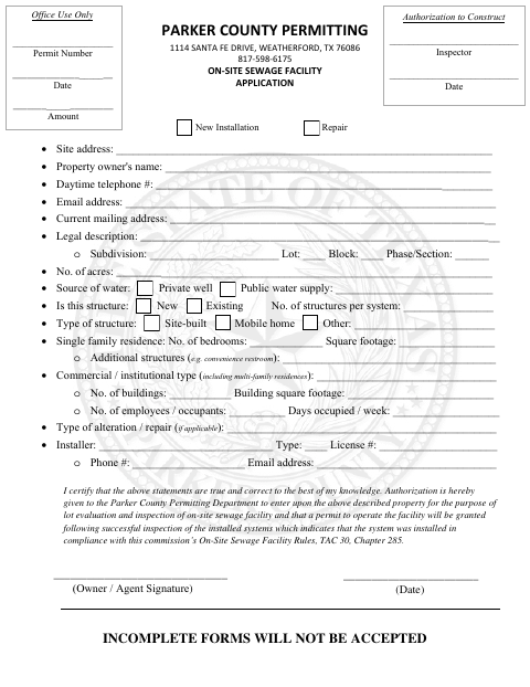 On-Site Sewage Facility Application, Parker County form, first page