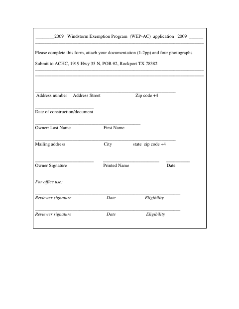 First page of the 2009 Windstorm Exemption Program Application