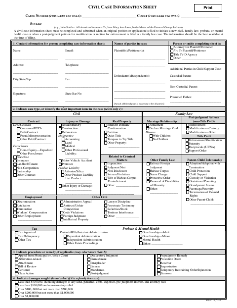 First page of the Civil Case Information Sheet