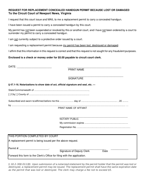 Request for Replacement Concealed Handgun Permit, City of Newport News form, first page