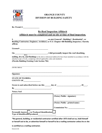 Re-Roof Dry-in Inspection Affidavit — Orange County form, first page