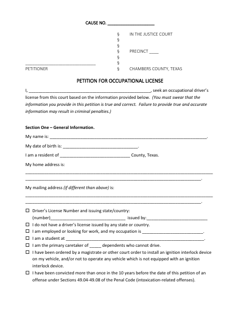 Petition for Occupational License, Chambers County form, first page