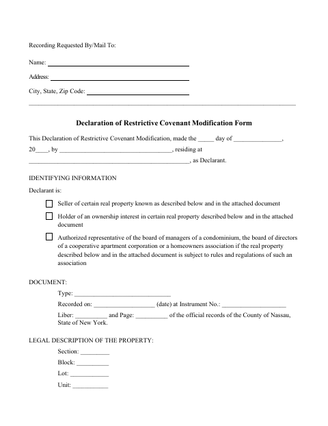 Declaration of Restrictive Covenant Modification, Nassau County form, first page