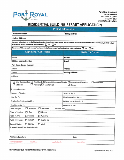 First page of the Residential Building Permit Package