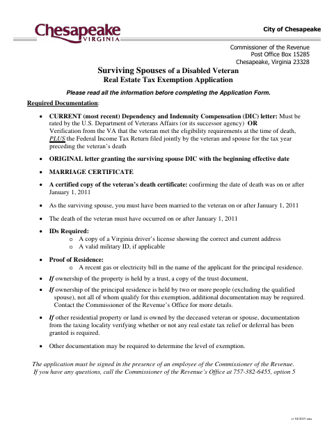 Surviving Spouses Of A Disabled Veteran Real Estate Tax Exemption Application, City of Chesapeake form, first page
