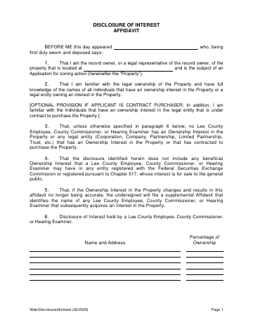 DISCLOSURE OF INTEREST AFFIDAVIT 1. 2. 3. 4. 5. 6. — Lee County form, first page