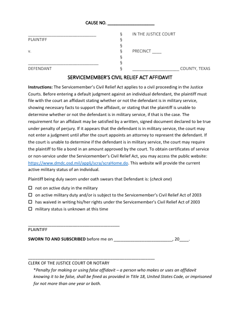 Servicemember’s Civil Relief Act Affidavit, McLennan County form, first page