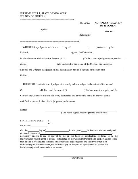 Partial Satisfaction Of Judgment, Suffolk County form, first page