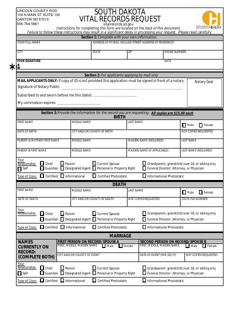 Vital Records Request, Lincoln County form, first page