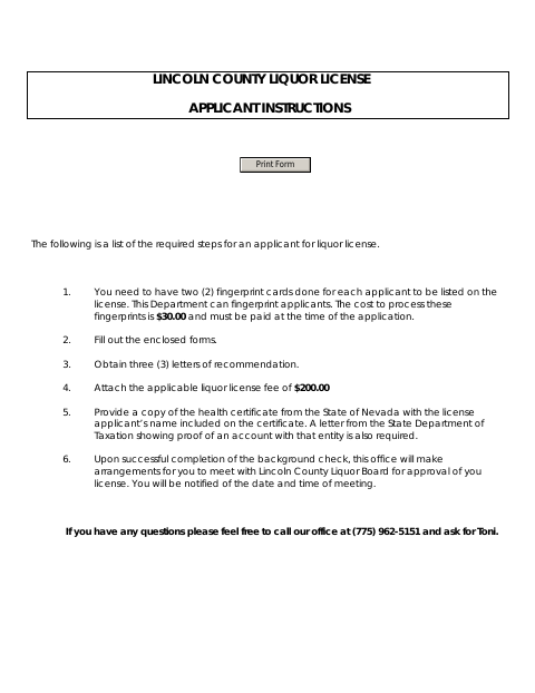 Liquor License Applicant Instructions, Lincoln County form, first page