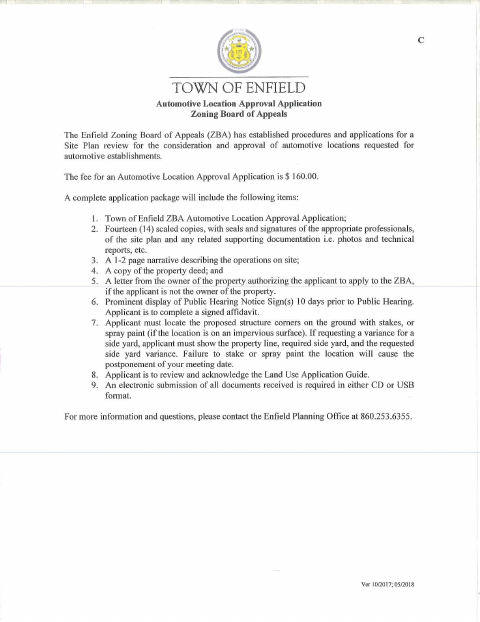 First page of the Automotive Location Approval Application